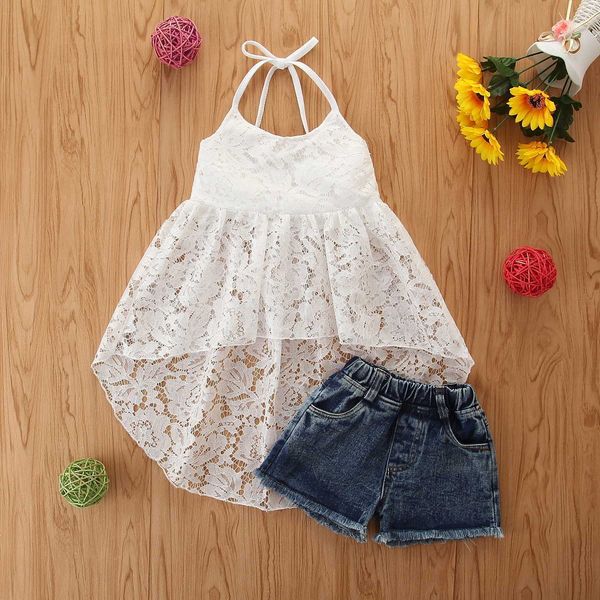 Ensembles de vêtements 1-6 ans enfant en bas âge fille vêtements ensemble enfants bébé vêtements pour bébés filles dentelle robe sans manches hauts denim shorts ensemble de tenue d'été