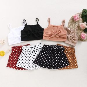 Kledingsets 1-6 jaar peuter kinderen babymeisjes kleren mouwloze massief boogvest top polka dot print shorts zomer outfit 4 kleurclothing