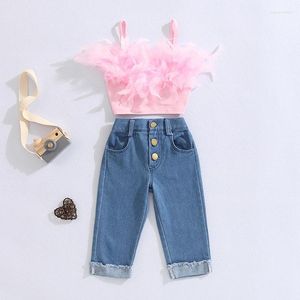 Vêtements Ensembles 1-6Y Enfant Enfants Fille Vêtements Plume Sans Manches Crop Top Jeans Denim Pantalon Mode Poshoot Outfit Enfants Tenues