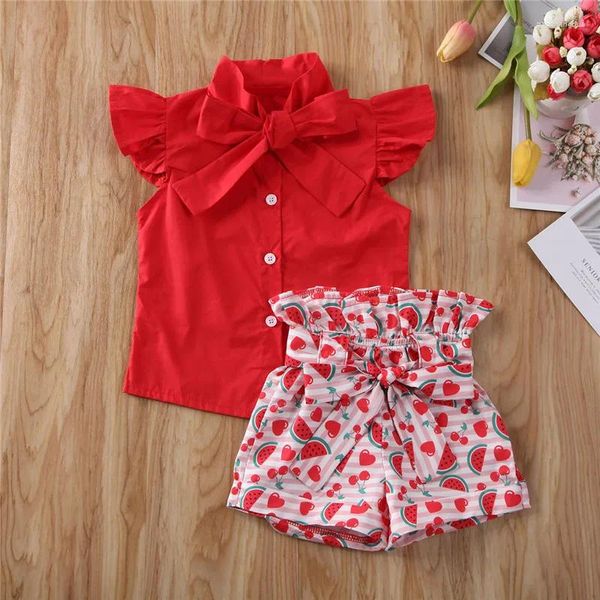 Ensembles de vêtements 1 à 6 ans, shorts d'été pour bébé fille Set Sleeve Sleeve Bowknot Bouton supérieur Printmelon Imprimé Bantiques Filles 2PCS