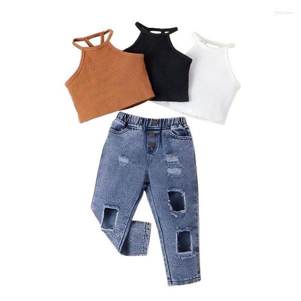 Ensembles de vêtements 1-6 ans enfants filles Denim sans manches licou débardeurs déchirés jean pantalon 2 pièces enfants vêtements d'été costumes