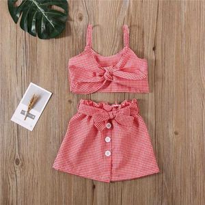 Kledingsets 1-6 jaar Girls Girls Summer Clothing Set Babymeisjes Red Geplaatste mouwloze Crop Top Lace Up Rok met knoopmeisjes Outfits