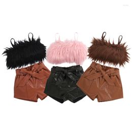 Ensembles de vêtements 1-6ans Enfants Fille Tenues D'été Sans Manches En Peluche Décor Sling Tops Taille Élastique Pantalon Court Avec Ceinture Ensemble Infantile Filles Costumes