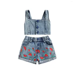 Ensembles de vêtements 1-6 ans enfants filles denim tenues été 2pcs vêtements sans manches sangle crop débardeurs pastèque imprimé shorts jeans costumes