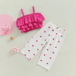 Ensembles de vêtements 1-6 ans Toddler Girls Summer Outfit Mignon Rend Layered Ruffle Camisole Blanc Heart Print Pantalon Enfants Gilrs Costumes décontractés