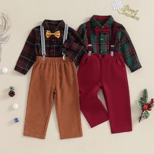 Kledingsets 1-7Y Kids Jongens Gentleman Baby Lange Mouw Button Down Plaid Shirts Met Bowtie Jarretel Broek Outfits Kinderkleding