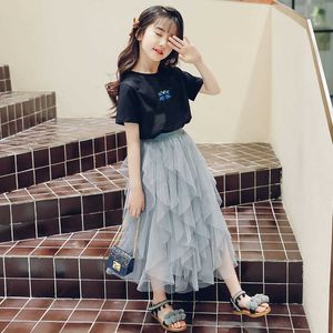 Ensembles de vêtements 10 14 ans filles maille jupes vêtements ensemble été décontracté élégant adolescent grande tenue T-shirt jupe maille princesse enfant vêtements