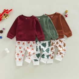 Ensembles de vêtements 1011 Lioraitiin 024M né bébé garçon fille vêtements de noël 2 pièces ensemble gaufre à manches longues pull arbre imprimé pantalon 230202