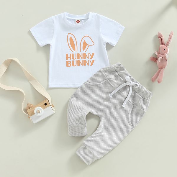 Ensembles de vêtements 1122 Lioraitiin 03 ans enfant en bas âge bébé garçon vêtements de Pâques ensemble oreille de lapin lettre imprimer T-shirt à manches courtes pantalon solide 230331