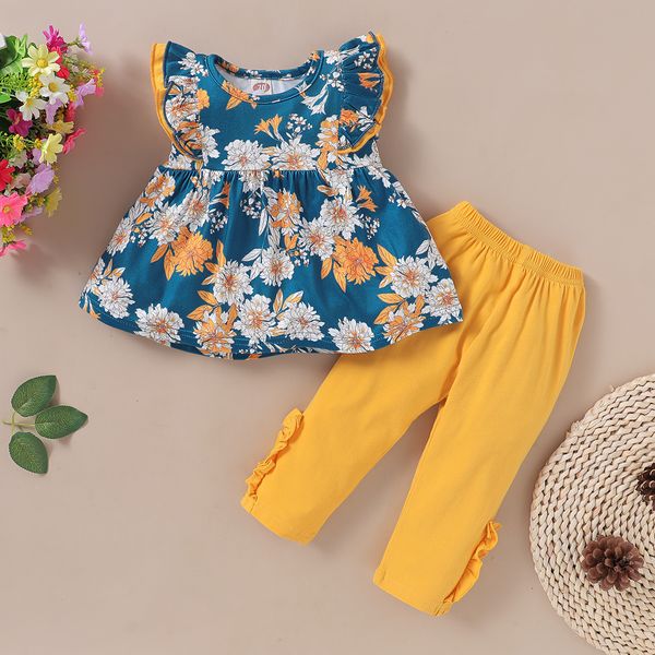 Conjuntos de ropa 16T Kids Baby Girl Set Camiseta sin mangas de flores Leggings de color sólido Pantalones 2PCS Traje de banquete para niños 230728