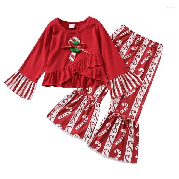 Ensembles de vêtements 18M-6T 2Pcs Costumes de festival de Noël Rayé Rouge Flare Manches Longues Volants Tops Pantalon Outfit