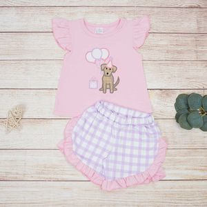 Kledingsets 18t Baby Girl Summer Sets Soebeveless Twopeage Suits met Cartoon Dog Borduurwerk Pink Tops en Purple Plaid Pants 2pcs W230210