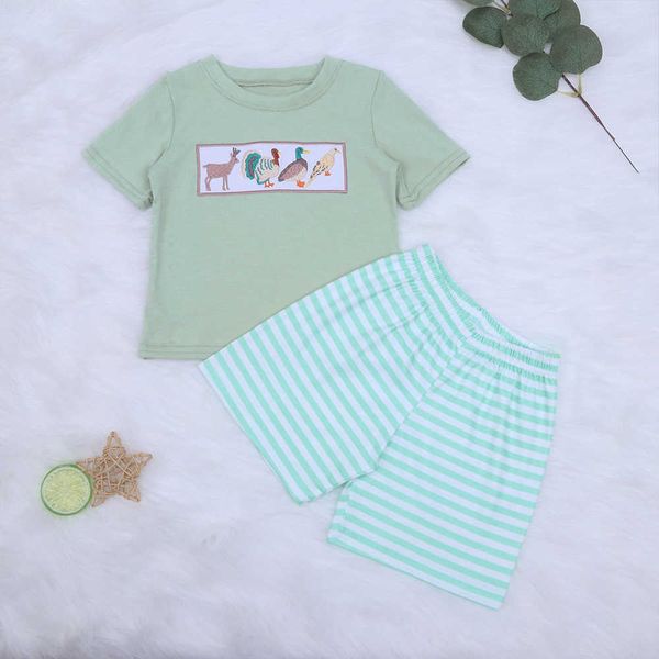 Ensembles de vêtements 18T été bébé garçon costumes avec dessin animé cerf poulet canard oiseau broderie vert manches courtescasual pantalon à carreaux 2pcs tenues W230210