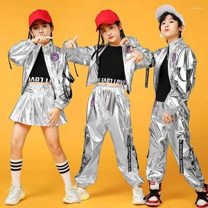 Kledingsets 1set/Lot Boy Girl Hip-Hop Set Silver Color Jazz Dance Costume Children Performance Cloths Cool Show #039