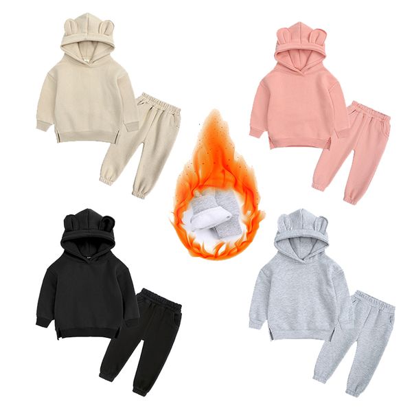 Ensembles de Vêtements 2-12 Ans Hiver Lapin Enfants Garçons Filles Ensembles Polaire Enfants Survêtement Chaud Vêtements Toddler Hooded Sportsuit Solid Outfits 230818