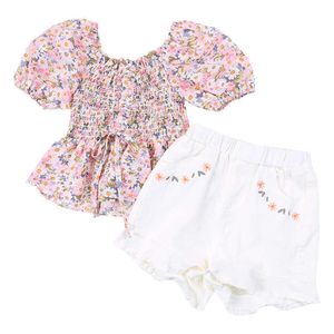 Kledingsets 2 3 4 5 6 7 jaar meisjes kleding sets zomer mode Koreaanse stijl chiffon bloemen top en witte shorts kleine prinses baby pakken w230210