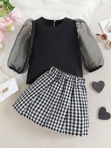 Kledingsets 2-5 jaar peuter meisje 2-delige outfit mesh met lange mouwen shirt en plaid a-line rok voor meisjes lente herfstkleding set