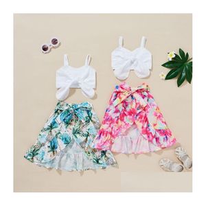 Ensembles de vêtements 2 7Y Été Enfants Bébés Filles Vêtements Ensemble Solid Off Shoder Crop T Shirt Tops Fleurs Imprimé Jupes À Volants Outfit 230523 Dhmdy