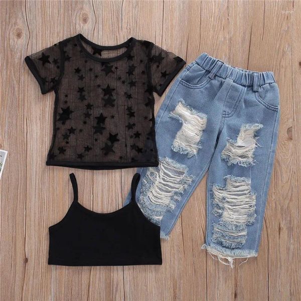 Ensembles de vêtements 2 à 7 ans filles 3pcs tenues de maille à manches courtes t-shirts t-shirts Black Vest Ripped Denim Pant