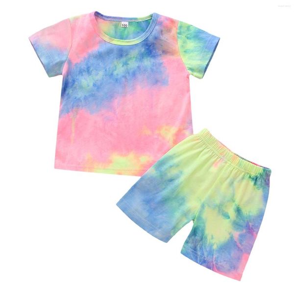 Conjuntos de ropa 2-7 años Conjunto de traje para niños Niñas Tie-Dye Print Cuello redondo Camiseta de manga corta Pantalones para verano