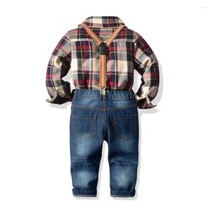 Ensembles de vêtements 2-9 ans garçons costumes pour fête d'anniversaire formelle enfants enfants chemise à carreaux et jean denim ensemble bébé coton