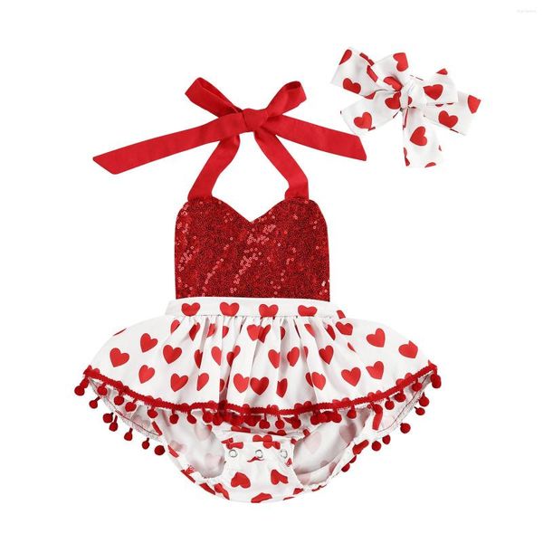 Ensembles de vêtements 2 pièces Born Tenues décontractées Bébé Fille Amour Imprimer Col V Pompon Paillettes Halter Barboteuse Bandeau Mignon Saint Valentin