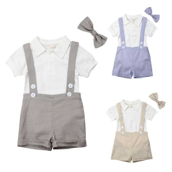 Ensembles de vêtements 2 pièces bébé nouveau-né bébés garçons costume de gentleman col montant à manches courtes couleur unie barboteuse bouton jarretelle pantalon noeud papillon Z0321