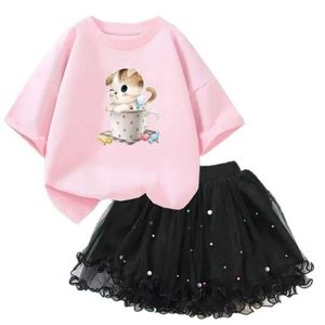 Kledingsets 2-delige Tutu Girl Set schattige kat bedrukt op Cup T-shirt en pure rokset Princess Girl Birthday Party Costumel2405