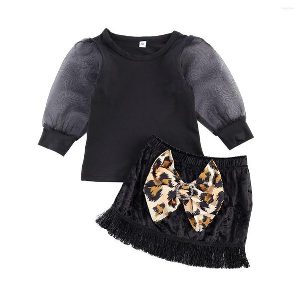 Ensembles de vêtements 2 pièces bébé filles enfants costume ensemble couleur unie col rond maille à manches longues chemise haute léopard nœud jupe noir