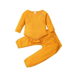 Conjuntos de ropa Conjunto de traje de bebé de 2 piezas Color sólido Cuello redondo Manga larga Mameluco Pantalones para niños Niñas 0-24 meses