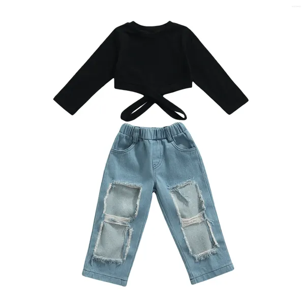 Conjuntos de ropa 2 piezas Conjunto de traje para niños Niñas Color sólido O-cuello Manga larga Ahueca hacia fuera la camisa del vendaje Tops Jeans rasgados Primavera Otoño 2-7 años