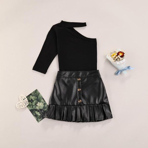 Ensembles de vêtements 2 pièces enfants costume ensemble couleur unie une épaule à manches longues pull jupe courte pour tout-petit noir 1-5 ans