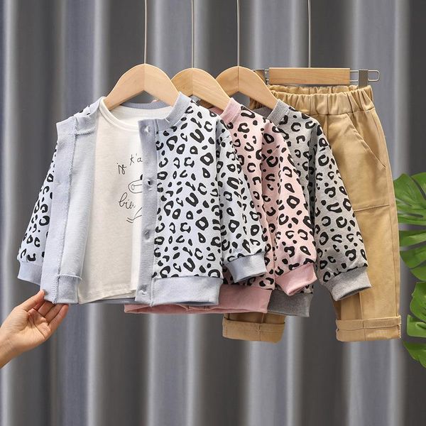 Conjuntos de ropa 2021 1-4y Baby Boy, cárdigan de punto de algodón de 3 piezas, traje con patrón de leopardo para niños y niñas, Top + Pantalones, camiseta