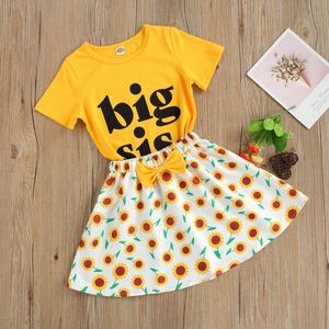 Kledingsets 2021 2-7Y Kids Baby Girl Fashion Big/Lil Sister Letter Short Sleeve Tops T-Shirt en Bow Sunflower Rok/Shorts