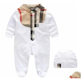 Vêtements Ensembles 2021 Bébé Barboteuses À Carreaux Avec Cap 01Y Anniversaire Coton Barboteuse Né Bébé Body Enfants Twopiece Onesies Combinaisons C Dh7Sx