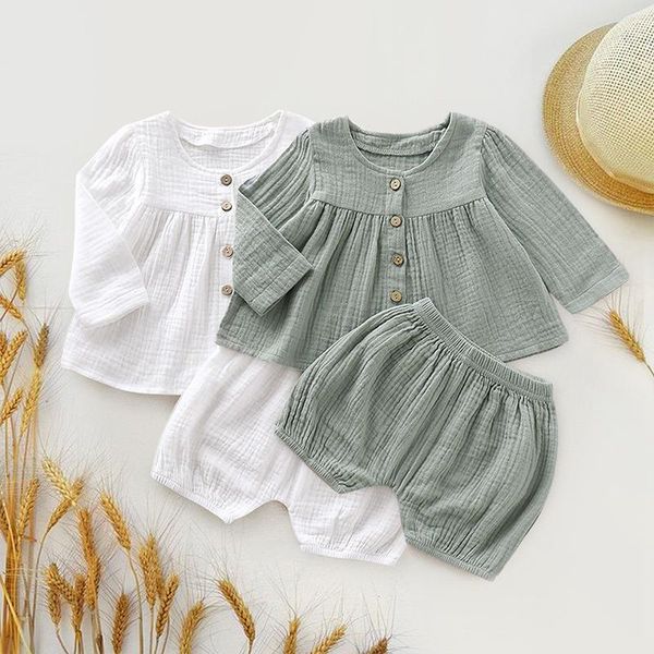 Conjuntos de ropa 2021 conjunto de ropa de bebé verano niños niñas niños algodón Lino manga larga Tops + Pantalones cortos 2 uds trajes