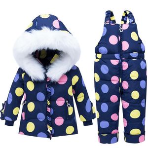 Kleding sets 2021 kinderen kinderen baby meisje 2-4Y uitloper sneeuw pak bont capuchon jas jas + jumpsuit dons winter voor baby's