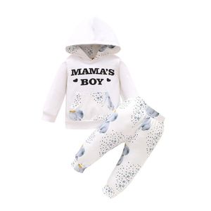 Kleding sets 2021 herfst herfst 0-18m geboren babyjongen 2 stks set mama's brief print front pocket hooded top + olifant broek outfit