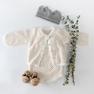 Ensembles de vêtements 2021 printemps automne bébé fille tenues ensemble de vêtements né couleur Pure manteau en tricot + barboteuses costume bébé filles