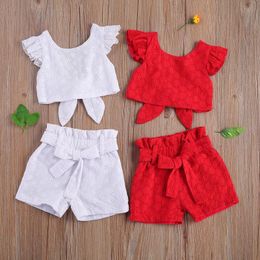 Kleding sets 2021 zomer kids baby meisje effen kleur mouwloze backless crop tops shorts broek bodem 2 stks meisjes set