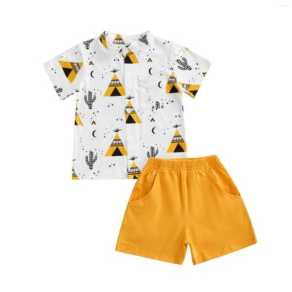 Ensembles de vêtements 2022 0-5Y enfants garçon Gentleman Cactus pyramide imprimé à manches courtes hauts chemise taille élastique couleur unie Shorts été ensemble