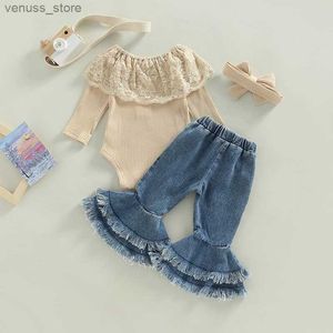 Kledingsets 2022-10-28 Lioraitiin 0-24M Kinderen Meisjes 2 Stuks Broekpak Lange Mouw Ronde Hals Kanten Romper Tops Denim Bell-Bottoms Hoofdband