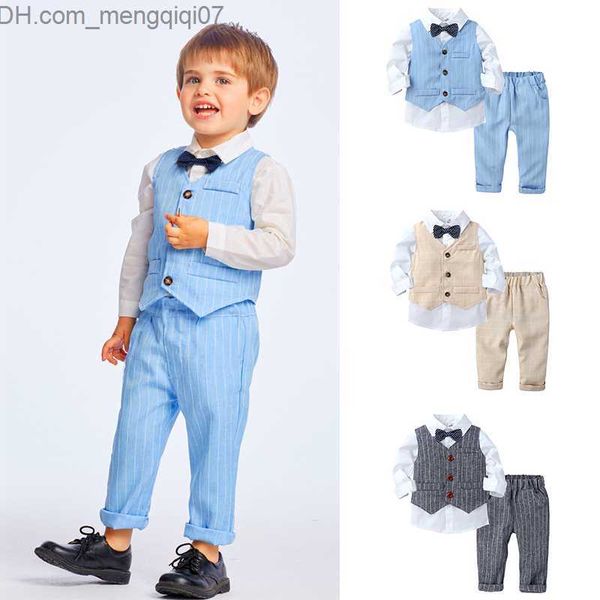 Ensembles de vêtements 2022 bébé garçons Gentleman ensemble enfant en bas âge noeud papillon chemise blanche débardeur + pantalon rayure ensemble 3 pièces formel anniversaire mariage enfants fête vêtements Z230717