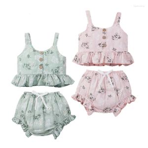 Kledingsets 2022 Fashion Baby Girls 2pcs Set kleding Zomergewassen Tops Vest Shorts Mouwloze gegolfde shirt Bowknot Bottoms Outfits