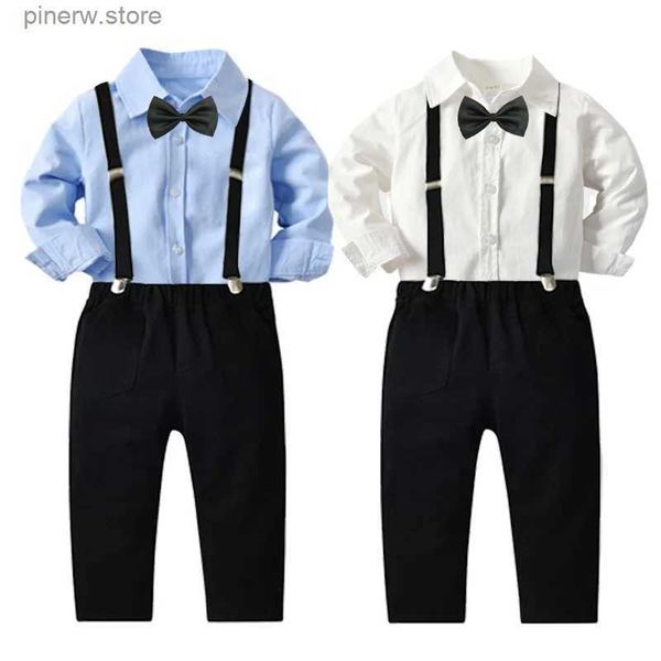Conjuntos de ropa 2022 Nuevo traje de caballero para niños Pajarita para niño Vestido de rendimiento Camisa de manga larga para bebé + Pantalones con tirantes Conjunto de dos piezas