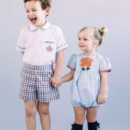 Conjuntos de ropa 2022, conjunto de ropa española para bebé, camisa de niño, pantalones cortos, conjuntos de 2 uds., Pelele bordado para niñas pequeñas, fiesta de cumpleaños infantil