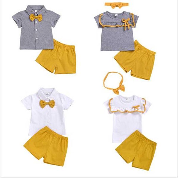 Conjuntos de ropa 2022 Ropa a juego para la familia de verano BrotherSister 2 piezas Conjunto de ropa para bebés Niños Niñas Camisa Blusa Pantalones Banda para el cabello Traje formal W230210