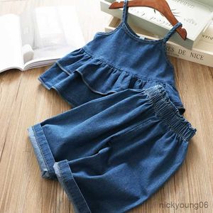 Kledingsets 2022 Zomer Meisjes Kleding Sets Koreaanse Denim Jarretel Jasje Top + Wijde Pijpen Broek 2 Stuks Baby kinderkleding Pak Kinderkleding