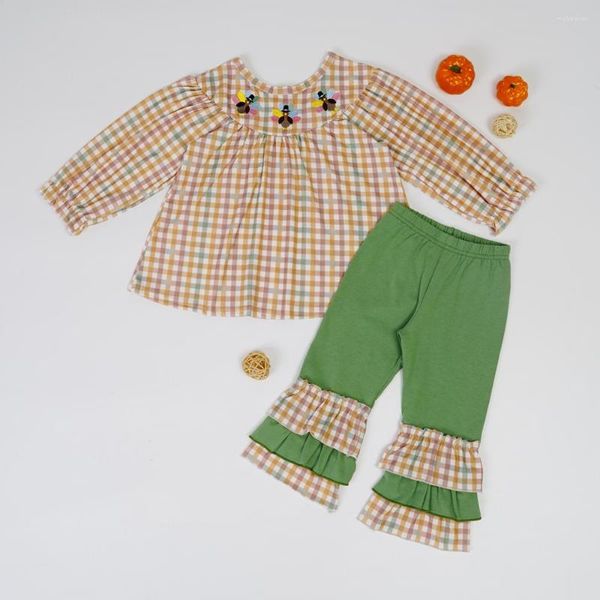 Vêtements Ensembles 2022 Thanksgiving Tenues Bébé Fille Coton Vêtements Ensemble Turquie Broderie Body Infantile À Manches Longues Pantalon En Treillis Pour 1-8T