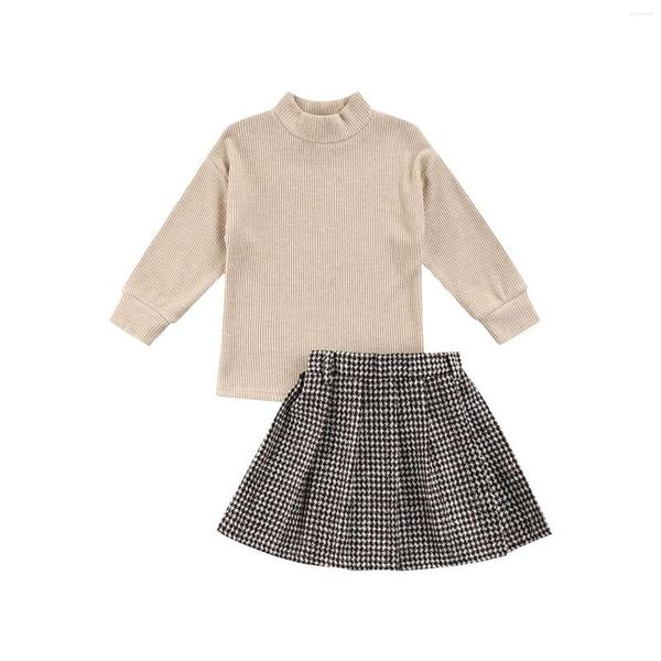 Ensembles de vêtements 2022 tout-petits couleur unie à manches longues col montant hauts à carreaux jupe courte ensemble 2 pièces style doux petites filles tenue automne